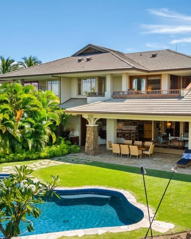 Covered lanai with lounge chair overlooking palm trees and the ocean
